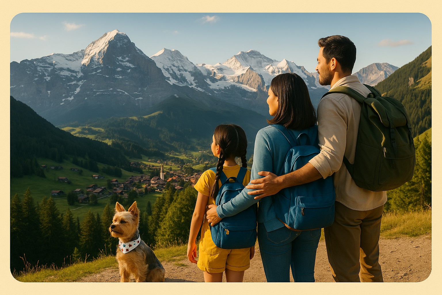 Our family on a mountain trail with our dog